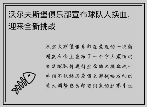 沃尔夫斯堡俱乐部宣布球队大换血，迎来全新挑战