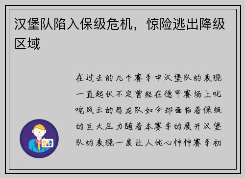 汉堡队陷入保级危机，惊险逃出降级区域