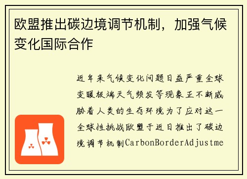 欧盟推出碳边境调节机制，加强气候变化国际合作